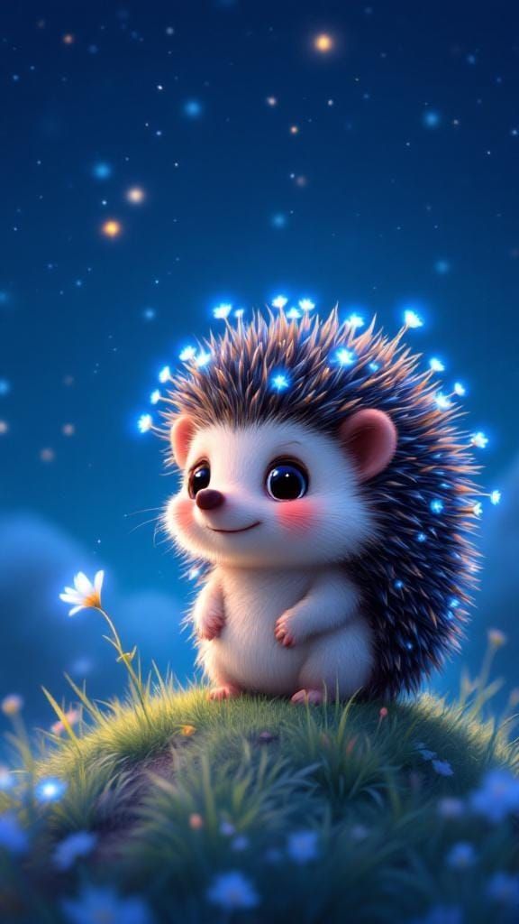 Animated Hedgehog with Glowing Flowers under Starry Sky
