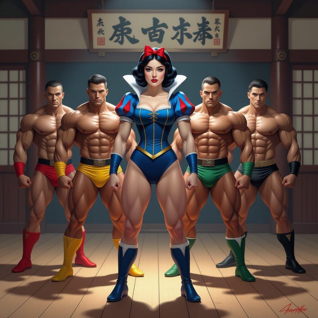 Snow White with Muscular Bodybuilder Martial Artists