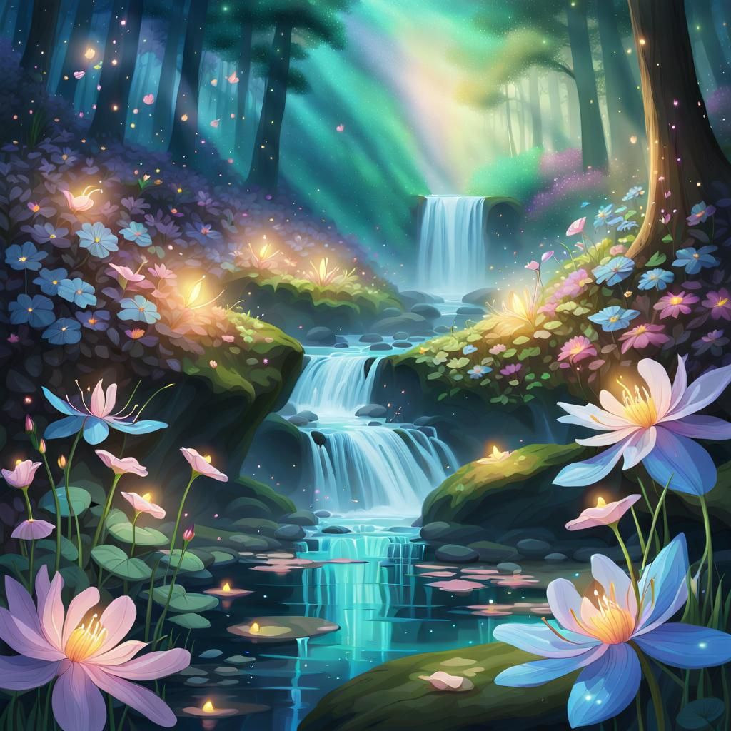 Enchanted Forest: Colorful Flowers in Ethereal Light