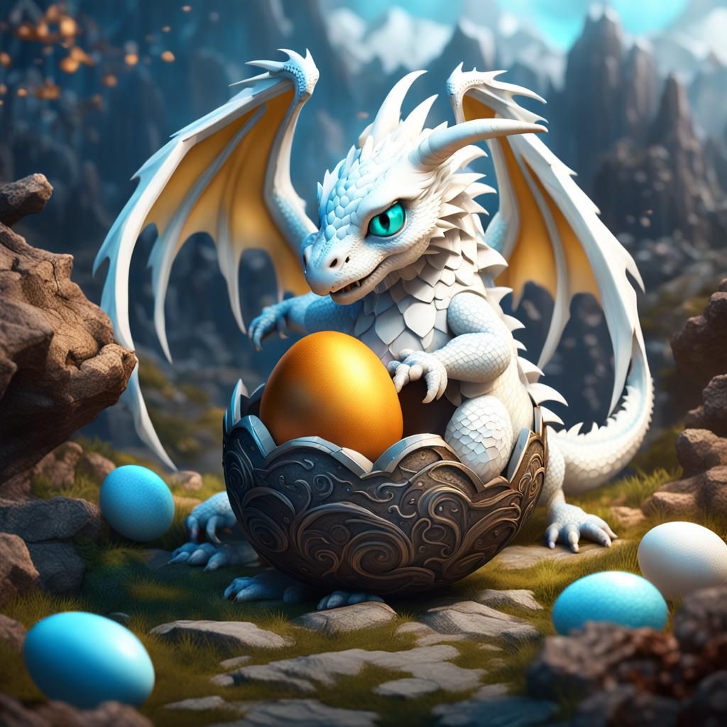 Cute White Dragon Hugging Eggs: Fantasy Art