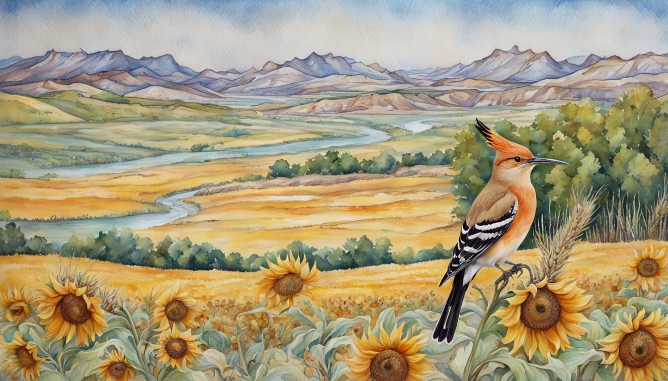 Hoopoe in Serene Summer Landscape with Wheat Fields and Chal...