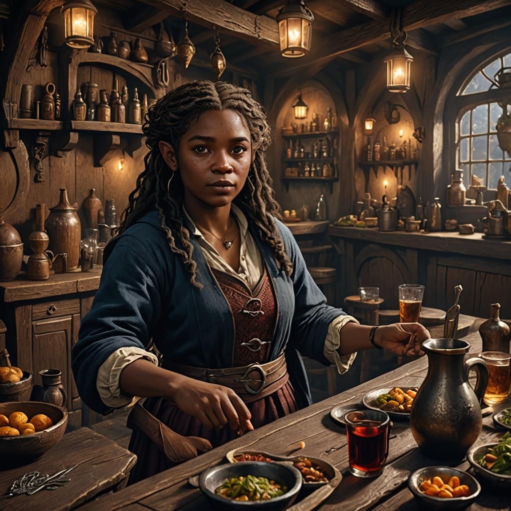 Black Female Hobbit in Cozy Tavern