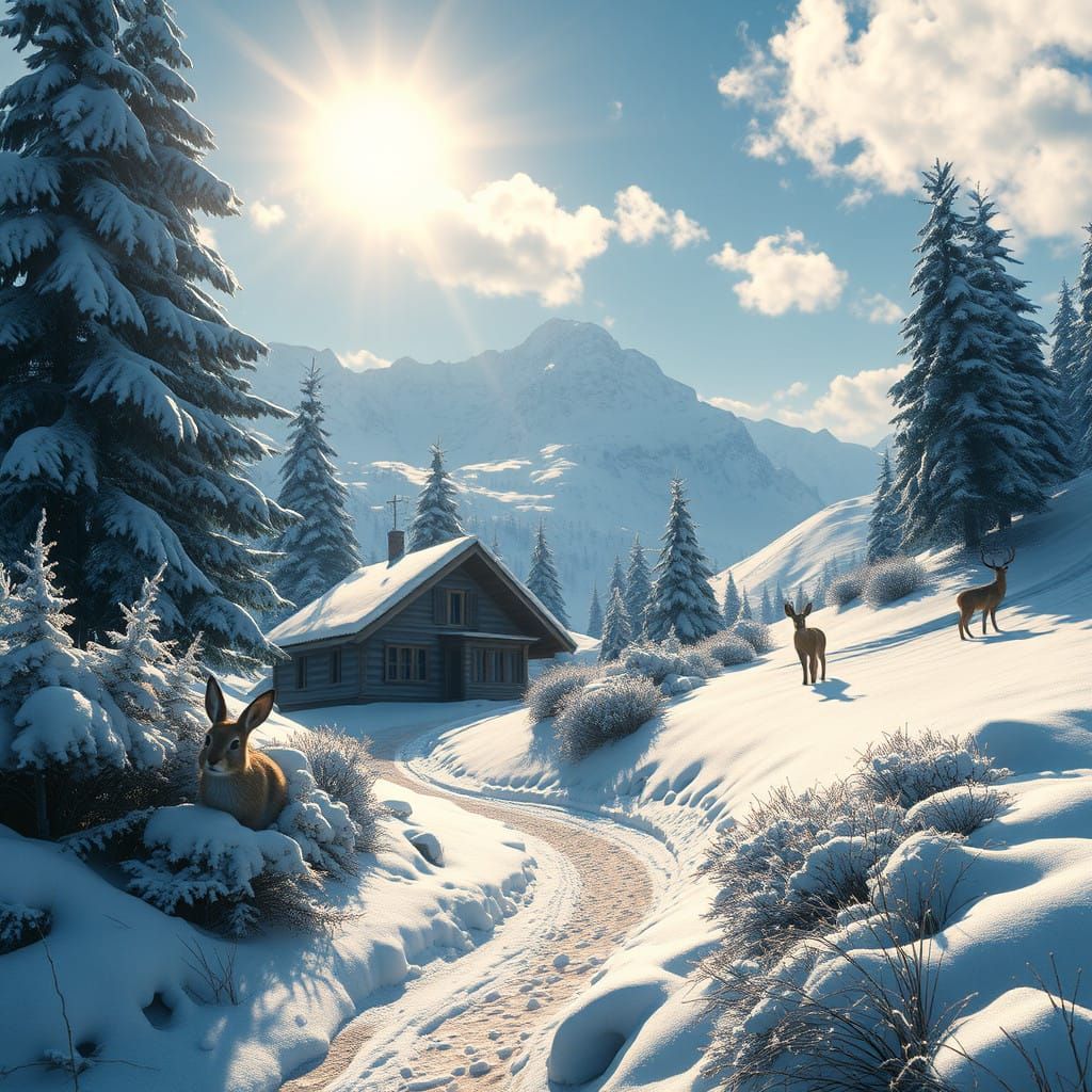 Mountain Hut Scene in Snowy Landscape with Fantasy Creatures