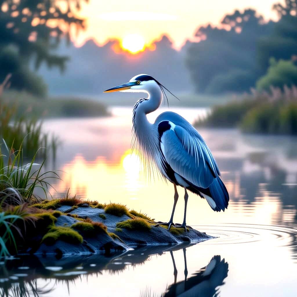 Great Blue Heron in Serene Marsh at Dawn