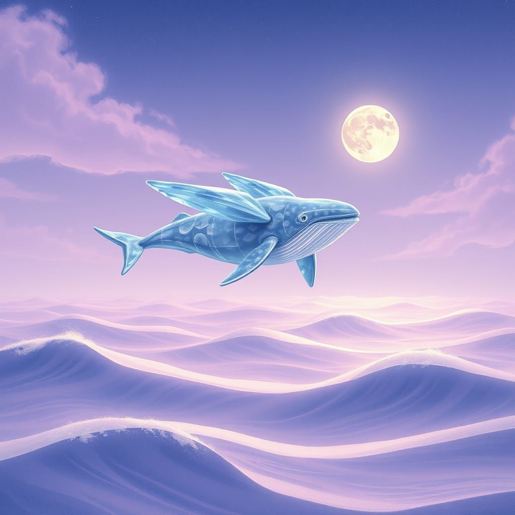 Whimsical Glass-Winged Whale in Dreamlike Celestial Landscap...