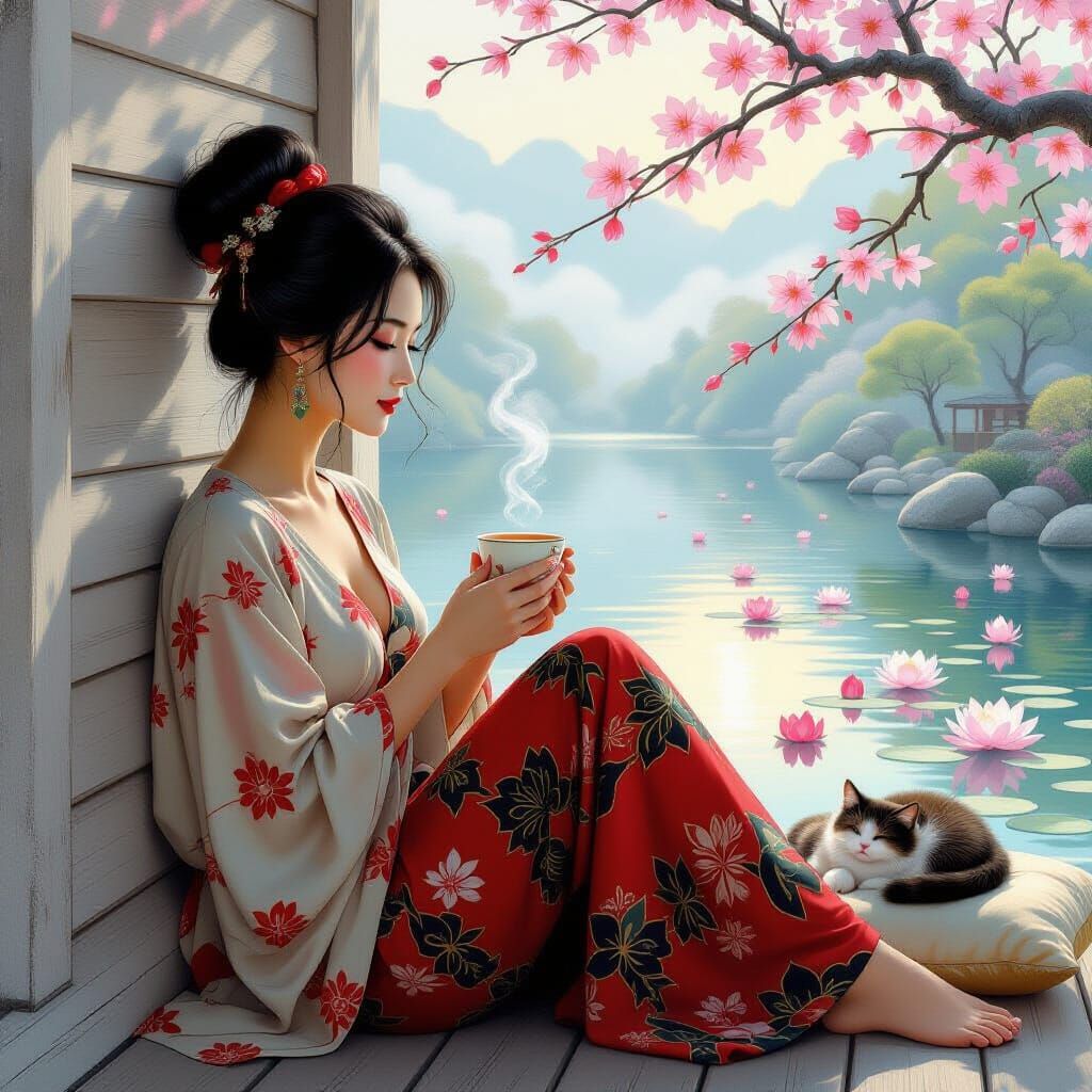 Ethereal Asian Woman Relaxing on Porch with Tea
