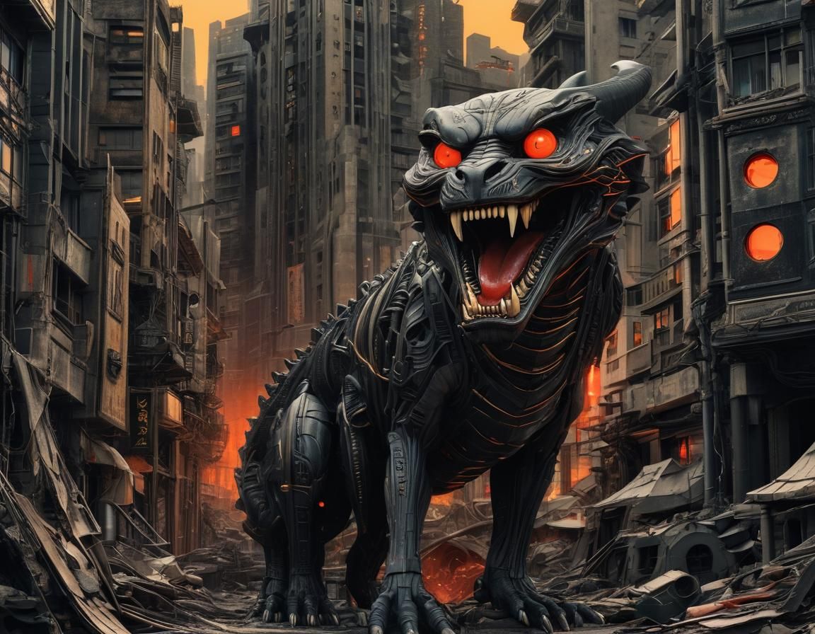 Art Deco Monster in Ruined Cityscape