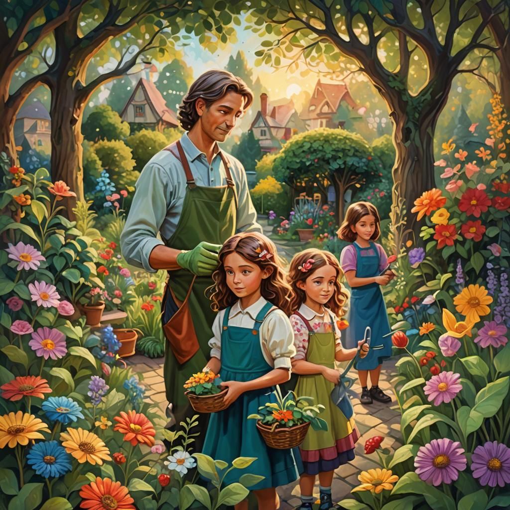 Family Cleans Magical Garden in Folk Art Style