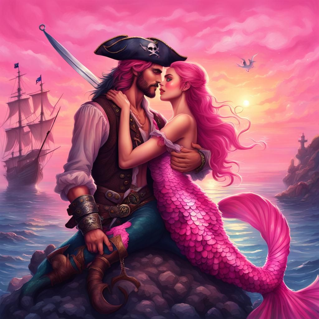 Mermaid and Pirate Embrace at Dawn