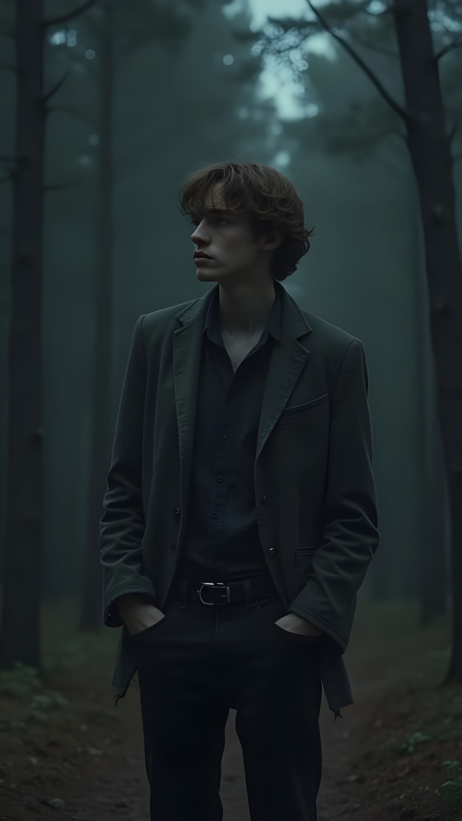 Melancholic Young Man in Dark Forest: Film Noir Photo