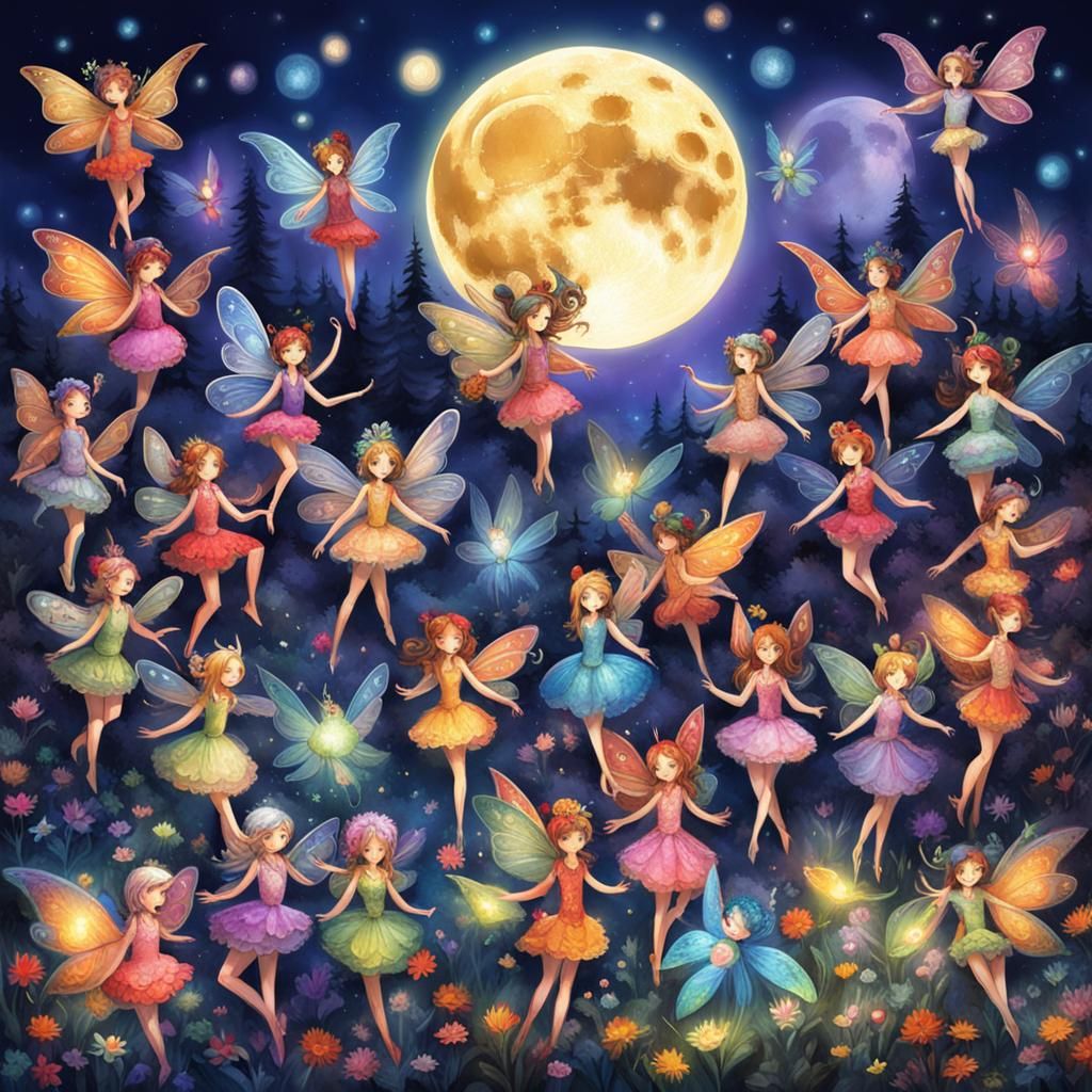 Multicolored Fairies Basking in Full Moonlight