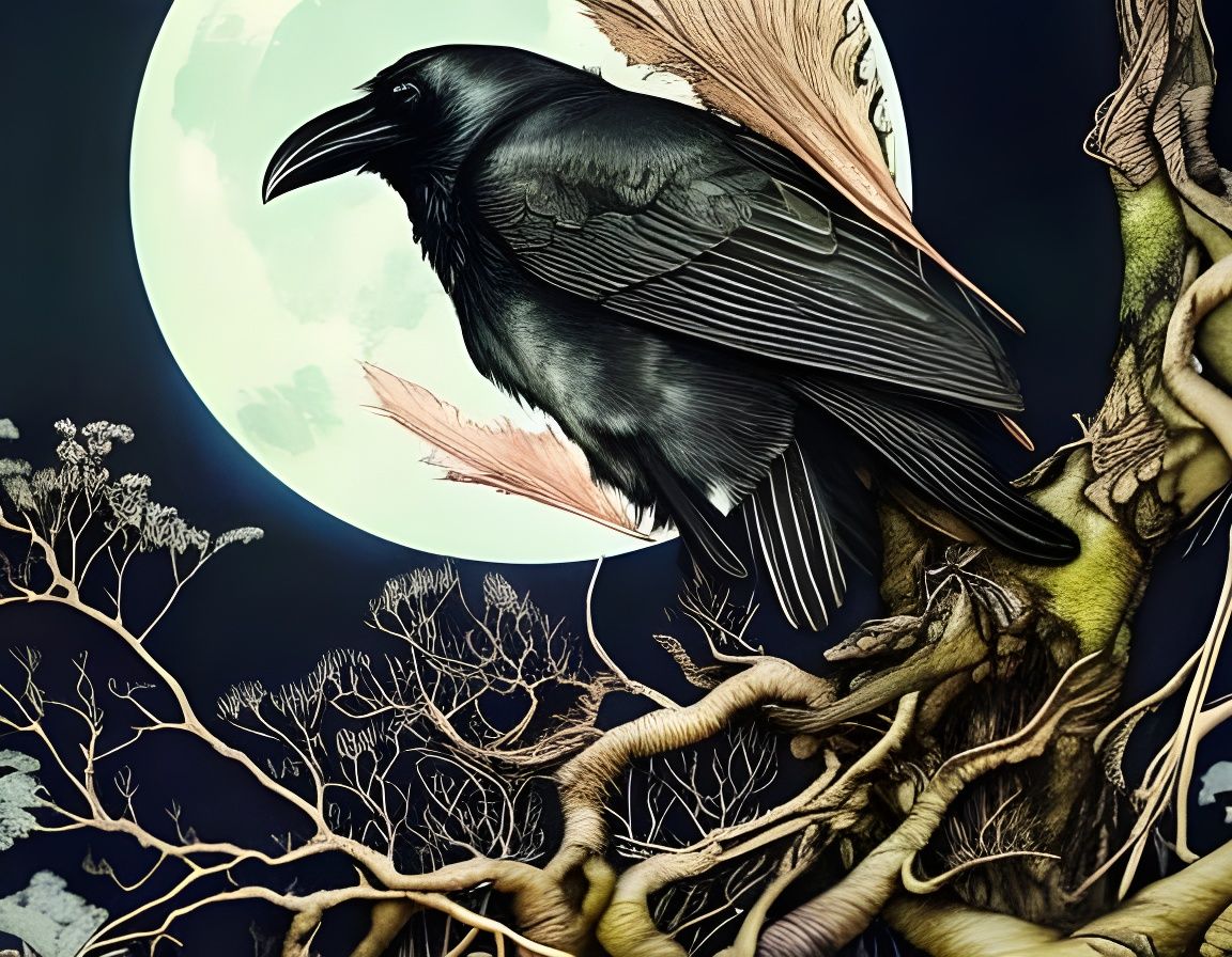 Moonlit Raven in Birch Tree: Gothic Surrealist Art