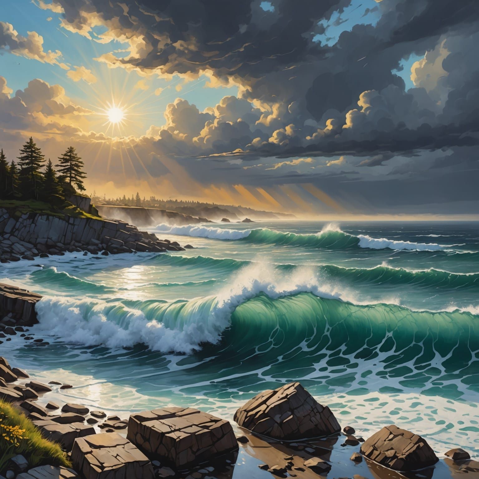 Dramatic Seascape with Sunlight in Graffiti Art Style