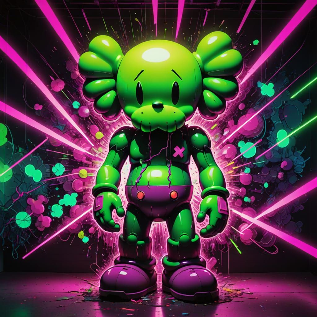 A glitch-art hacker, hyper-neon KAWS style mural, their form...