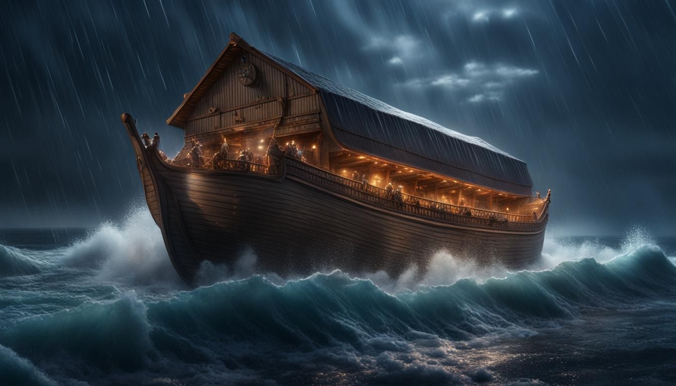 Hyperrealistic Noah's Ark in Stormy Ocean at Night