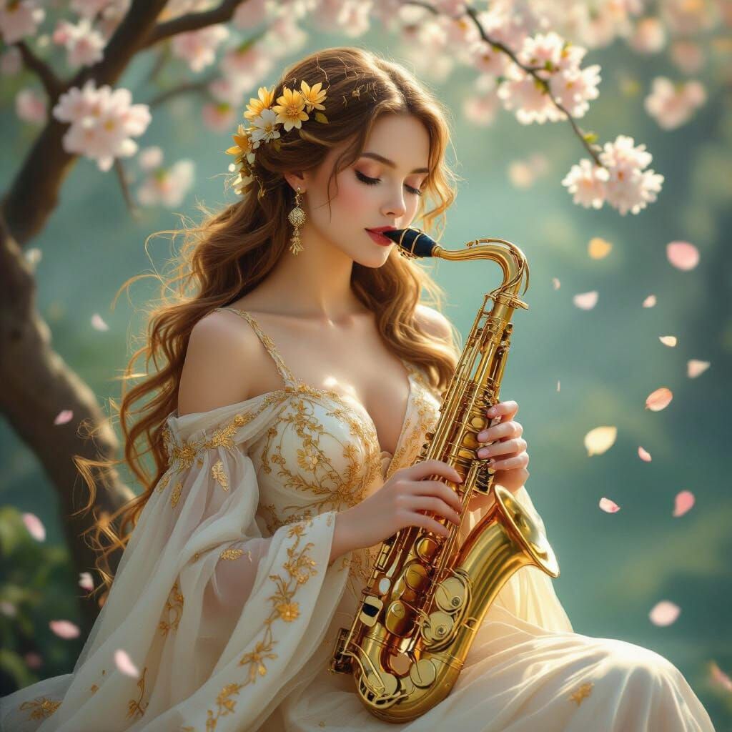 Woman Plays Saxophone with Floral Adornments