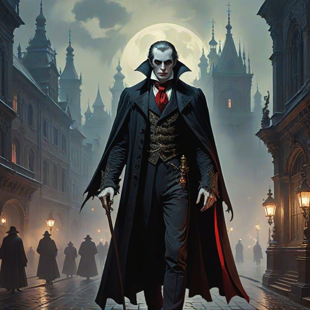 Vampire Lord in Dark City, Retro Illustration Style
