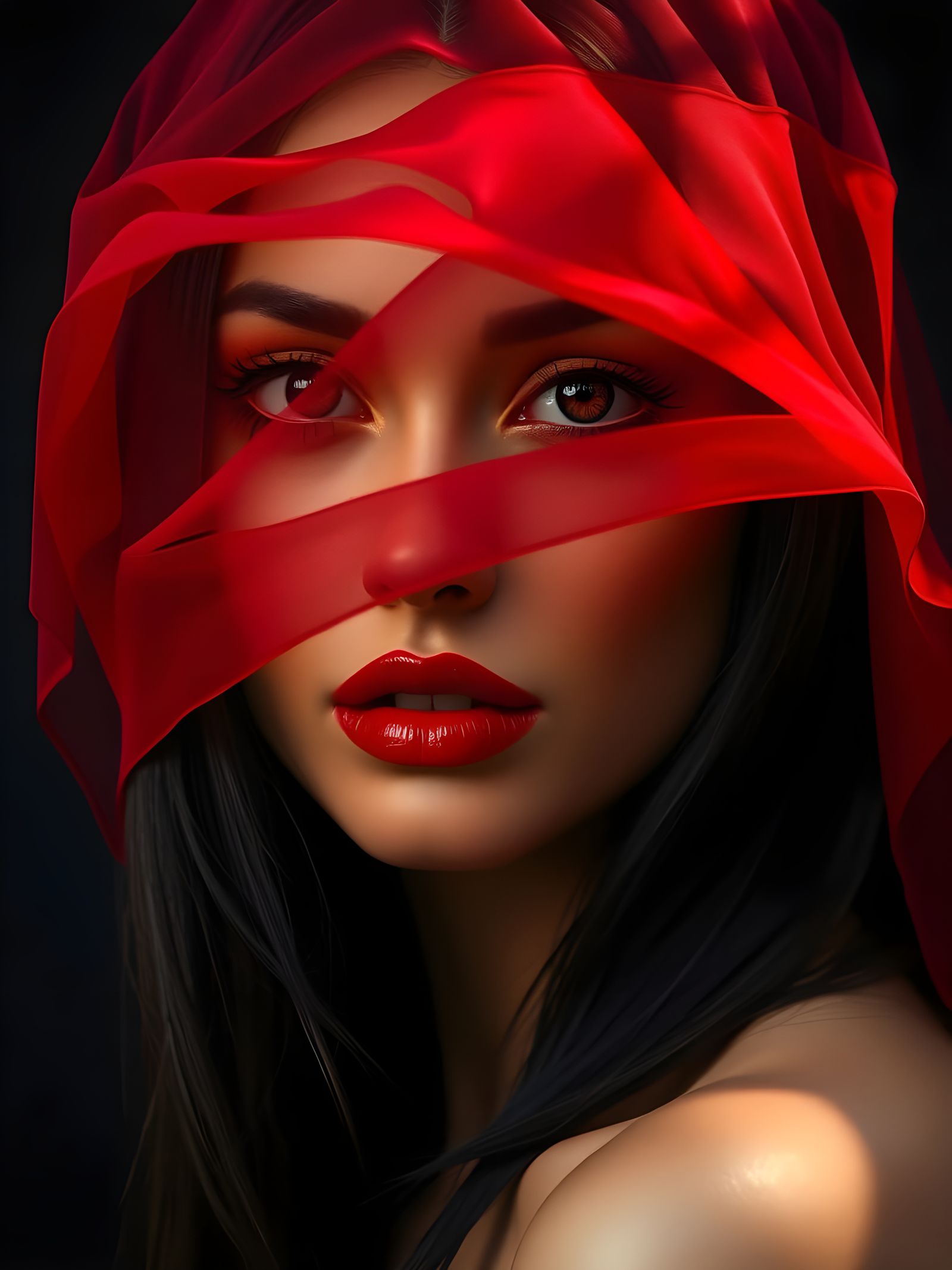 Sultry Woman in Dramatic Red Veil