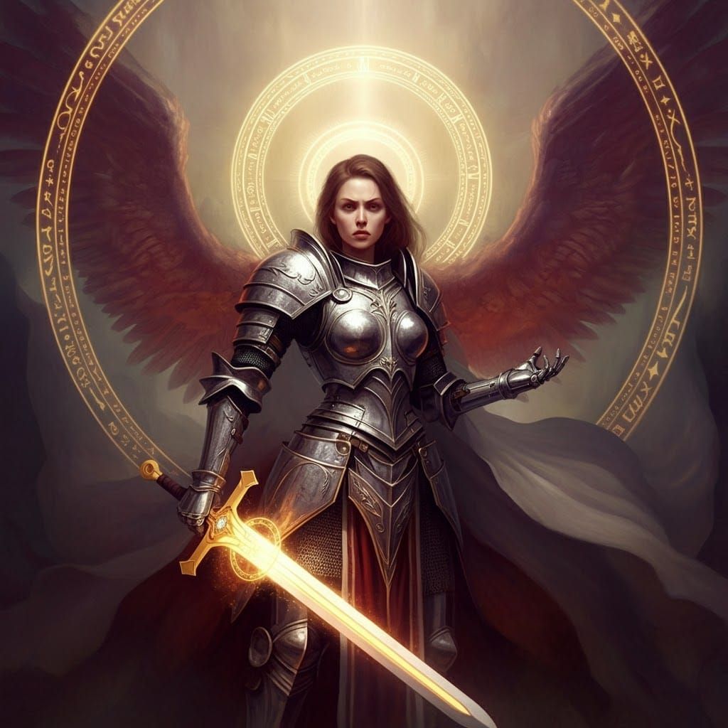a magic circle cast in the air by a female paladin featuring angelic and demonic iconography