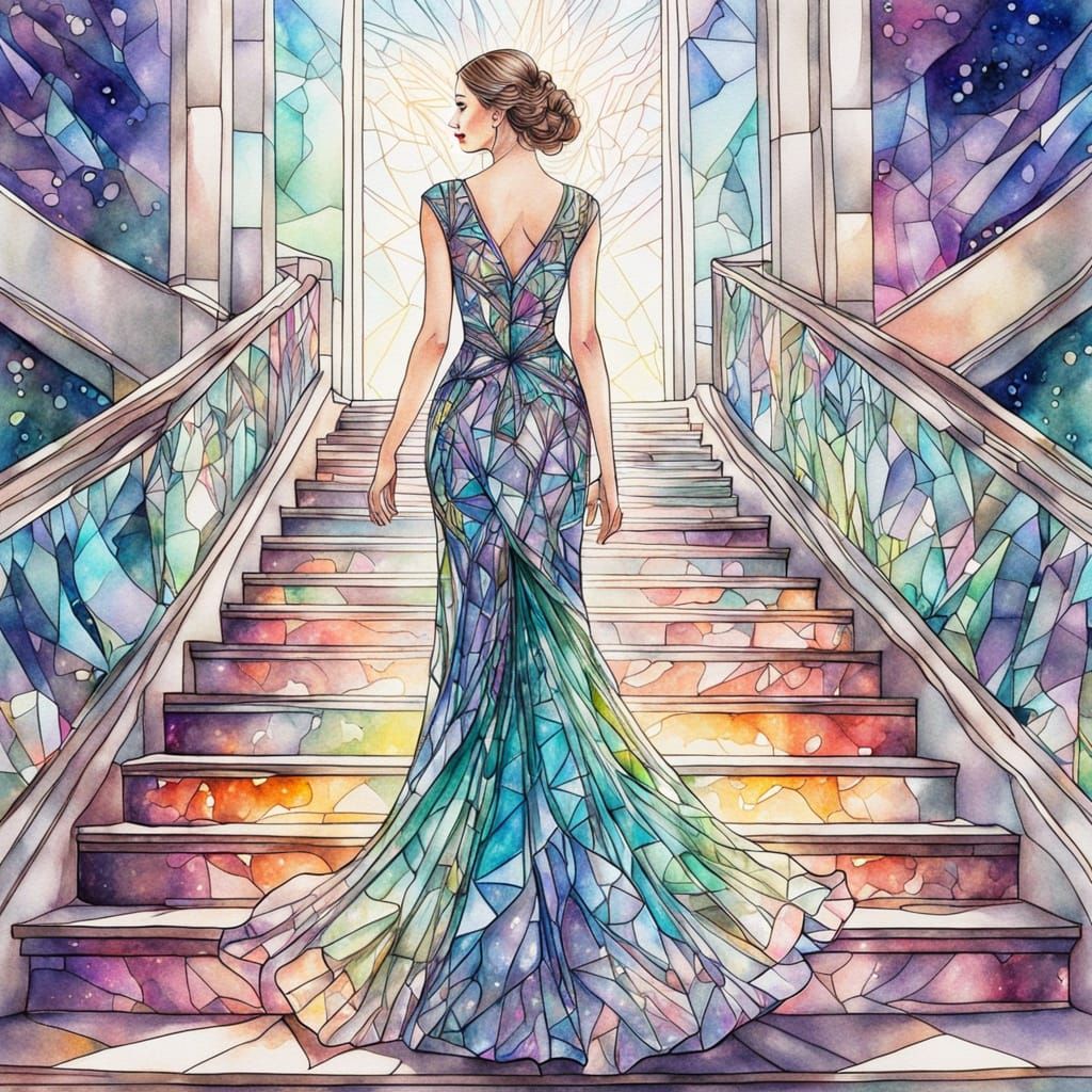Woman in Neon Kaleidoscope Glass Gown on Grand Staircase