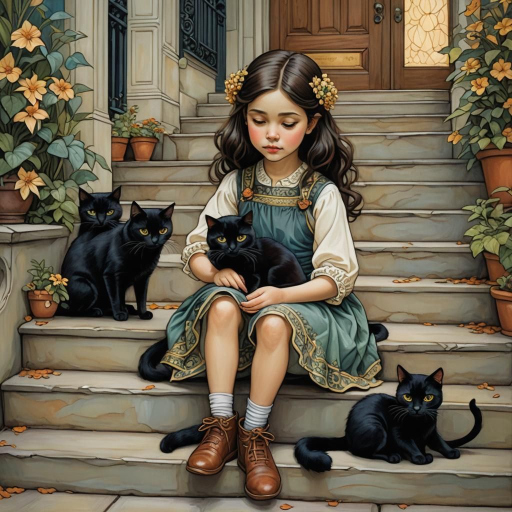 Girl and Black Cat: Intricate Stained Glass Art