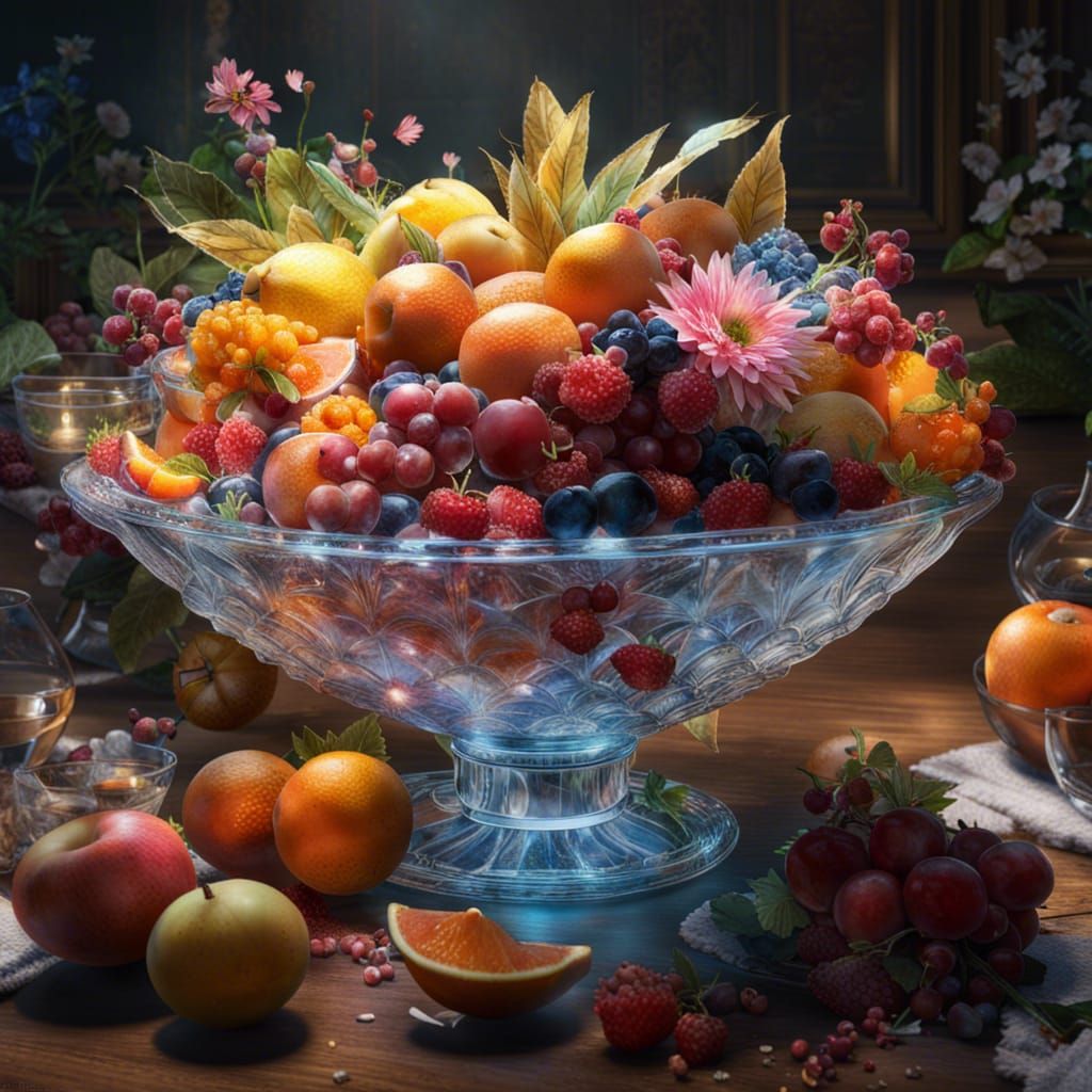 Crystal Bowl Filled with Fruit and Flowers