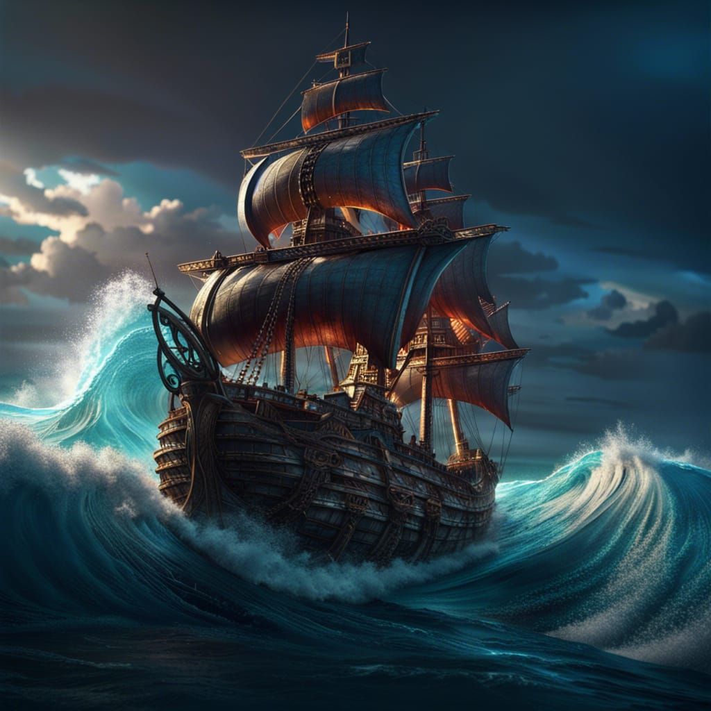 Fantasy Ship Amidst Ocean Waves: Detailed Concept Art