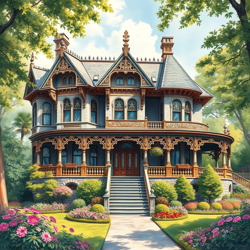 Majestic Victorian Estate in Dreamy Gouache Style