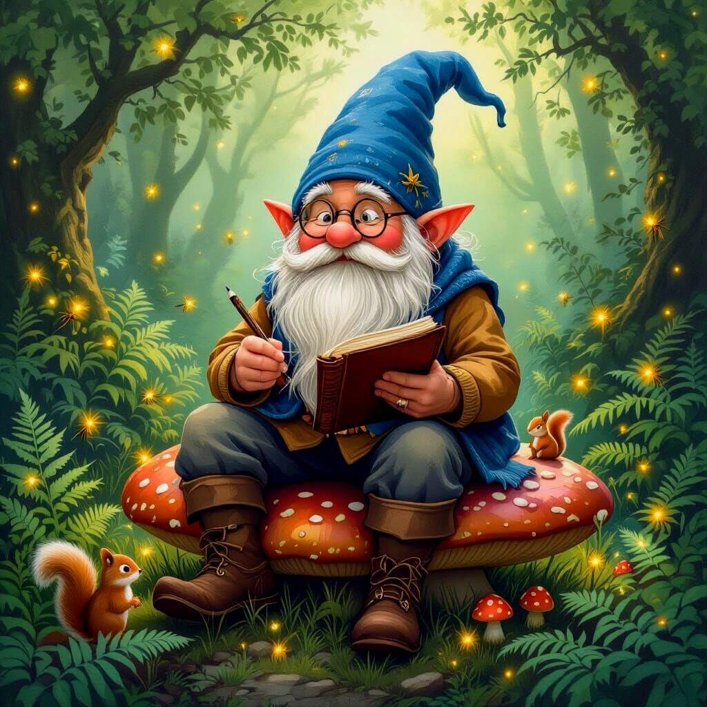 Gnome Sketching in Enchanted Forest, Hand-Painted Style