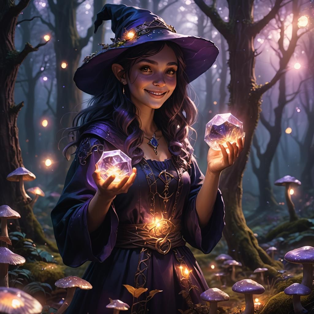 Girl Witch in Mystical Forest with Glowing Crystal
