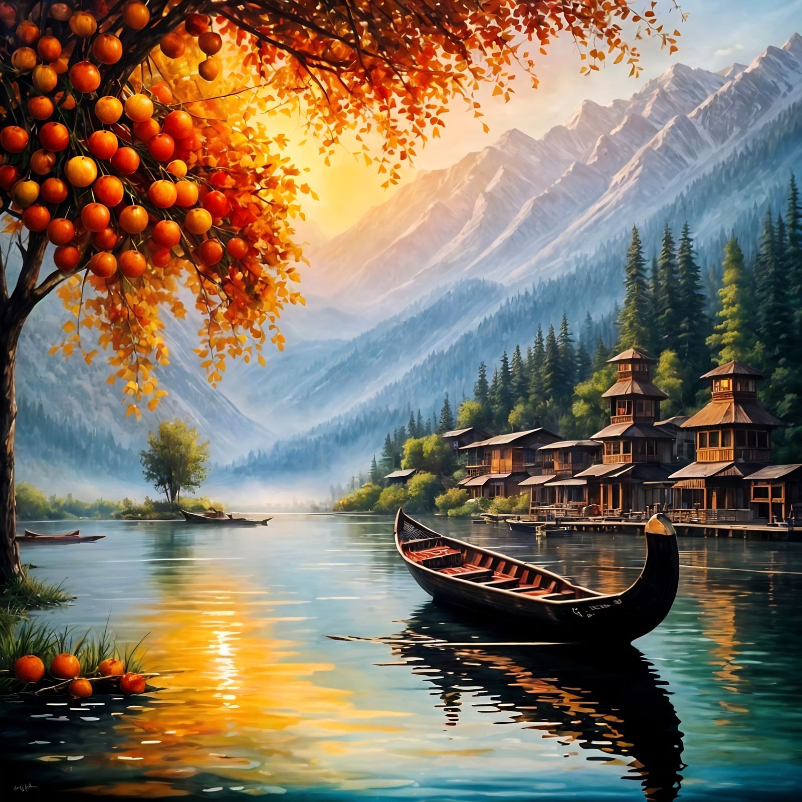 Kashmir Lake View with Traditional Boat