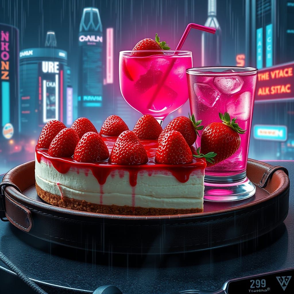 Cyberpunk Cheesecake & Drink in Neon Cityscape