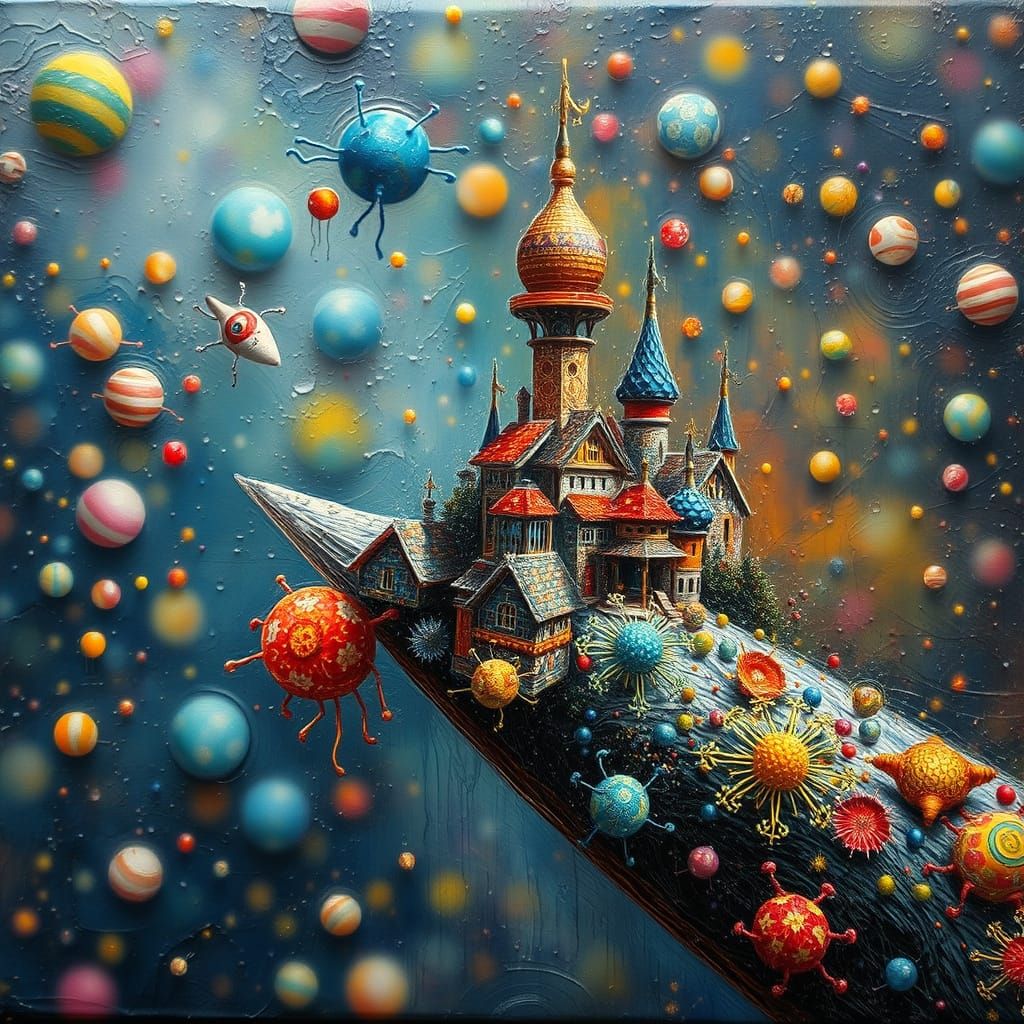 Bustling Miniature City on Needle Tip, Surreal Impasto