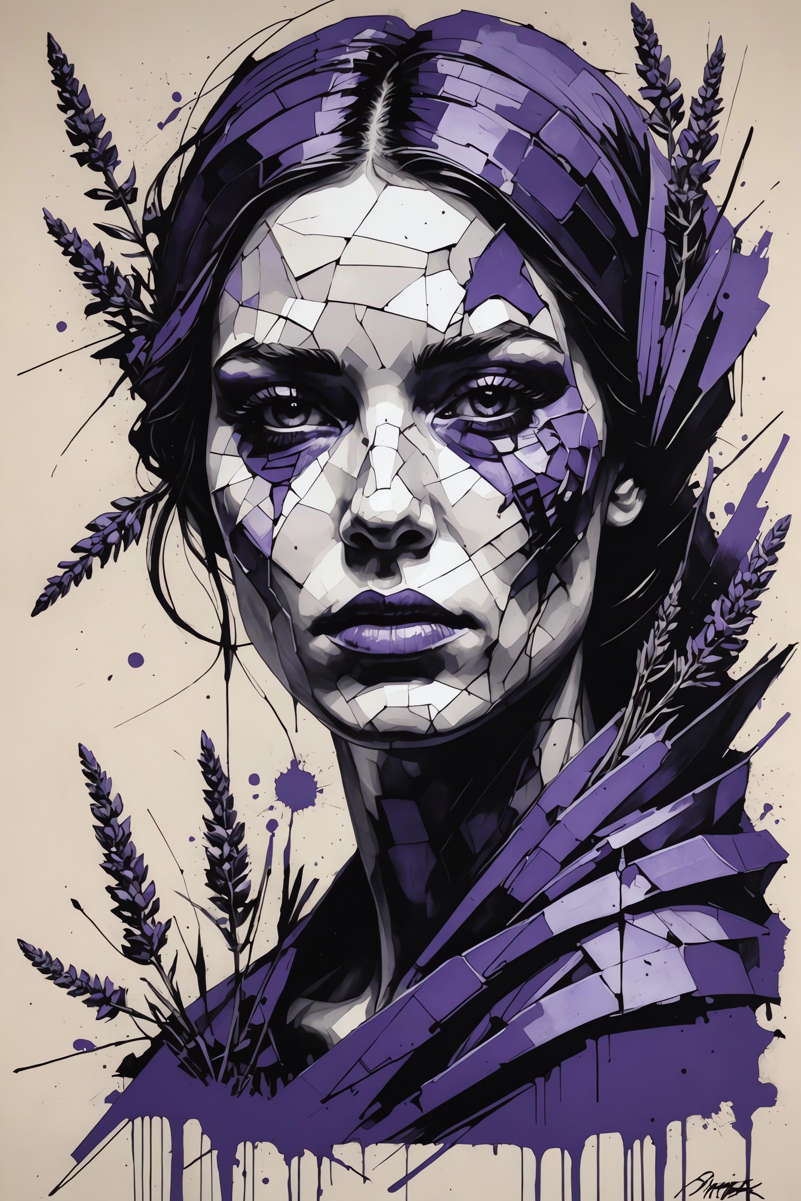 Violet Abstraction of Lavender Beauty, Crayon and Charcoal