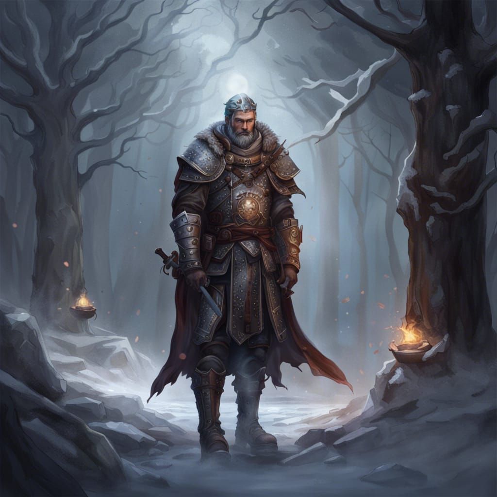 Battle Scarred Dwarf Cleric in Snowy Village