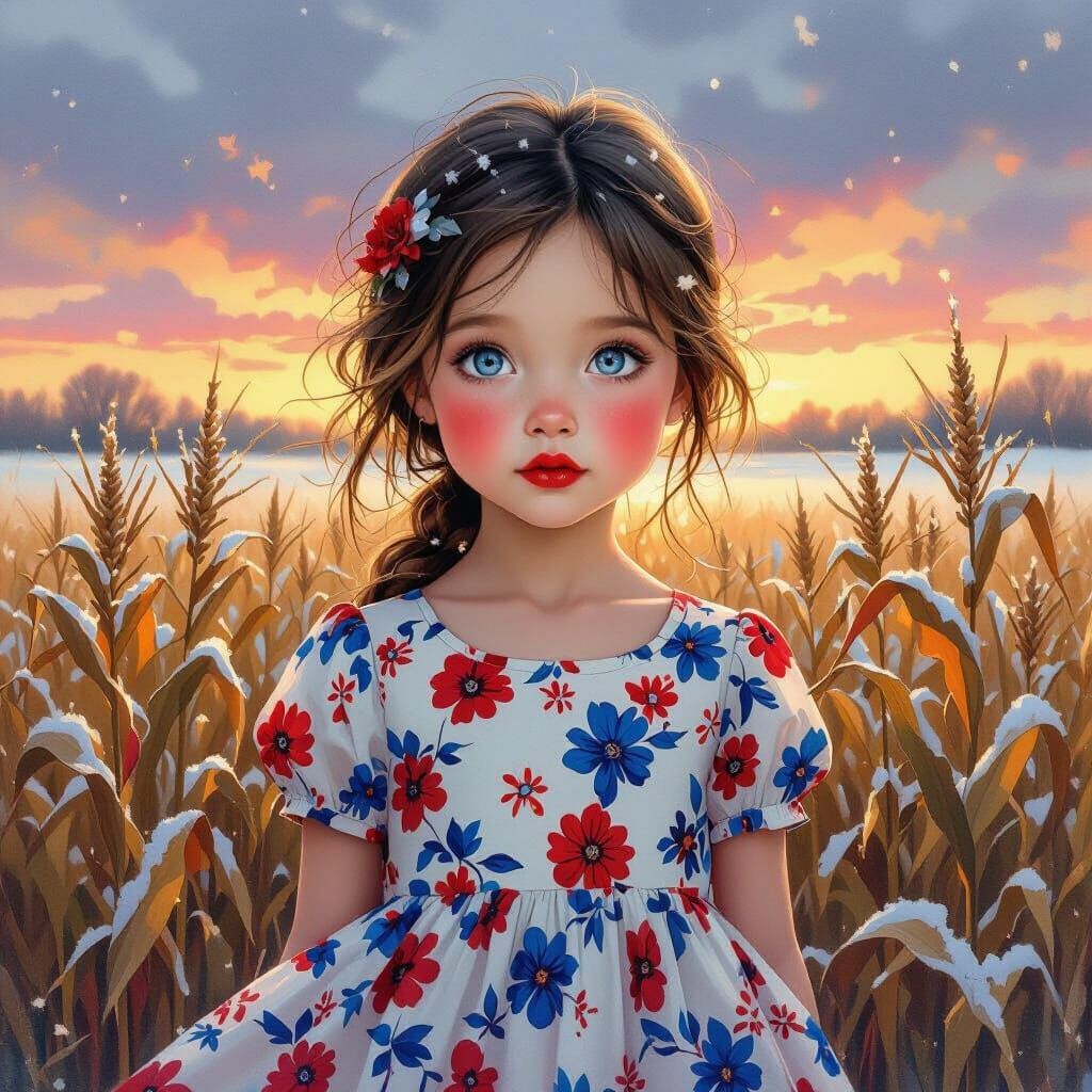 Snowy Sunset: Girl in Cornfield, Watercolor Style