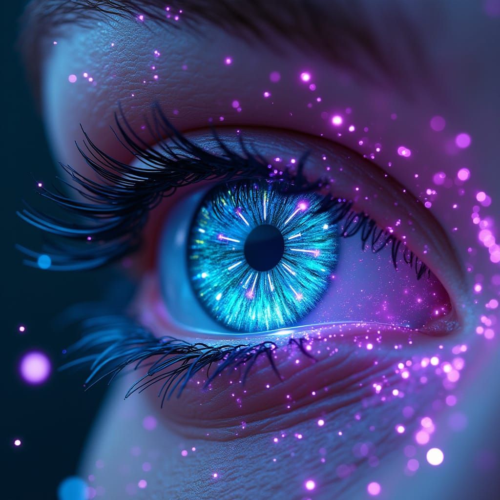 Futuristic Tech Eye with Iridescent Blue Symbols
