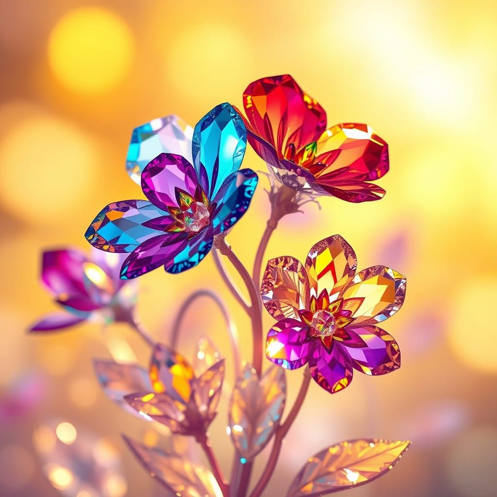 Crystal Diamonds in Vibrant Rainbow Hues with Golden Sunligh...