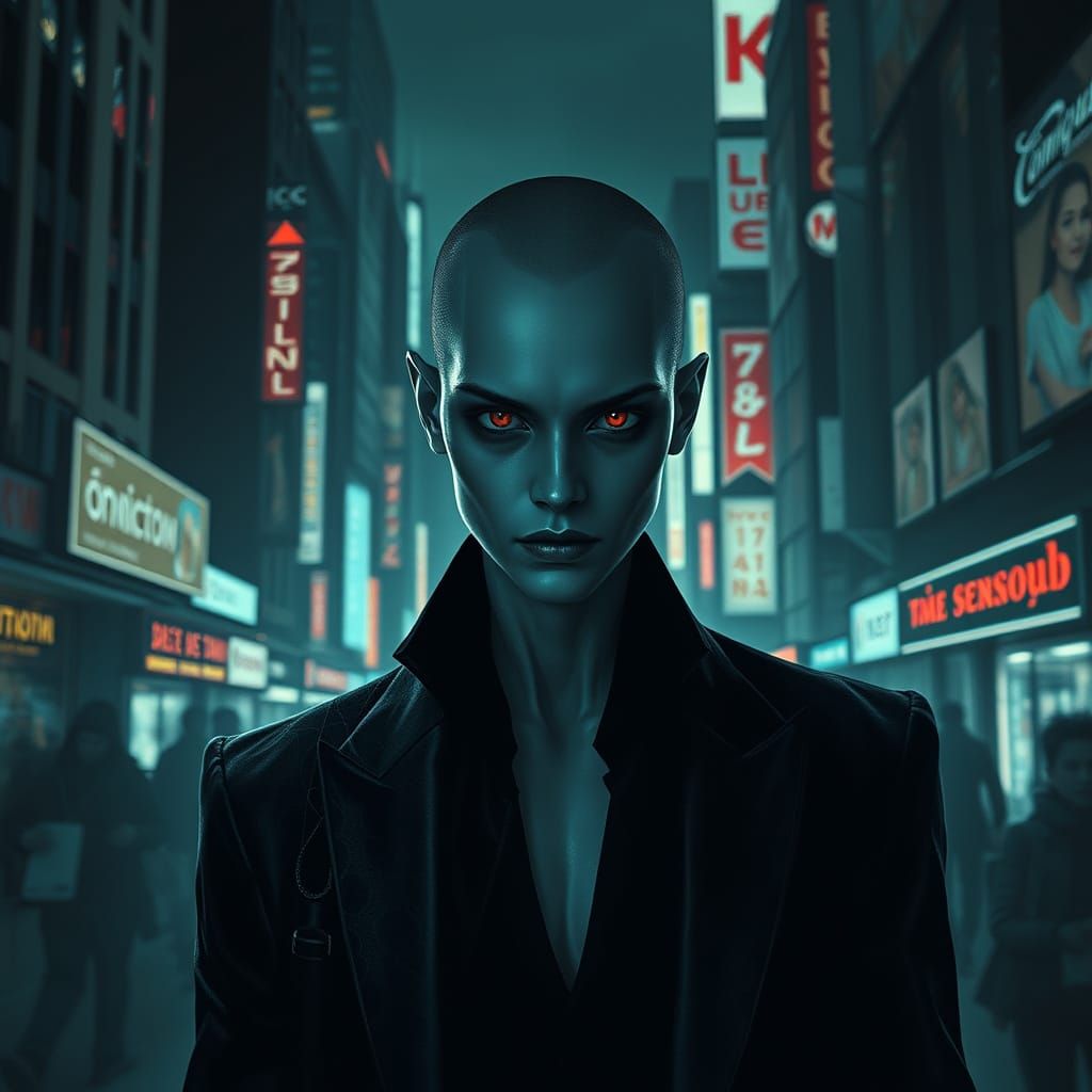 Ethereal City Vampire in Dark, Neon-Lit Metropolis