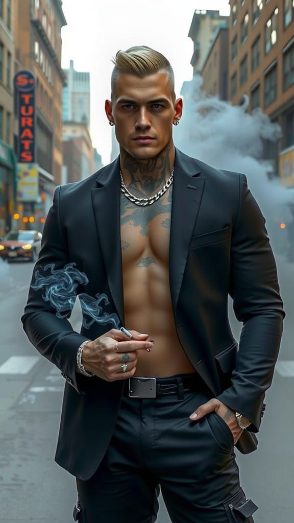 Confident Man in Black Suit with Urban Cityscape