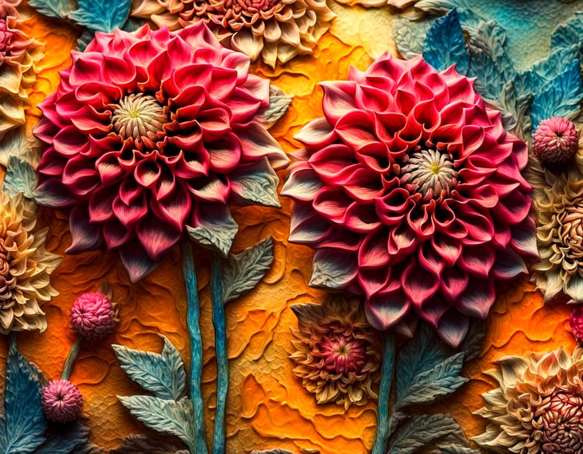 Vibrant Dahlia Blooms in Heavy Impasto Style