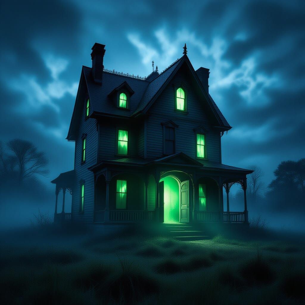 Surreal Haunted House in Misty Field at Night