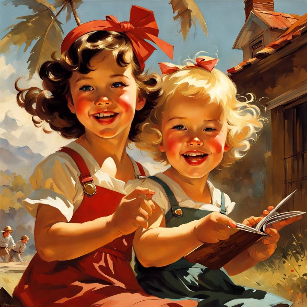 Mischievous Children Playing: Pin-Up Style Illustration