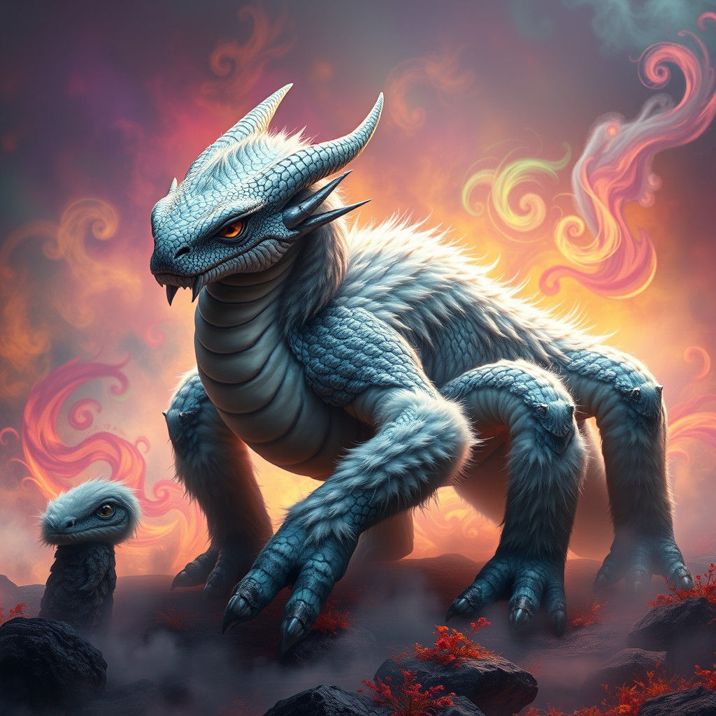 Hybrid Dragon-Bison Creature in a Colorful Landscape