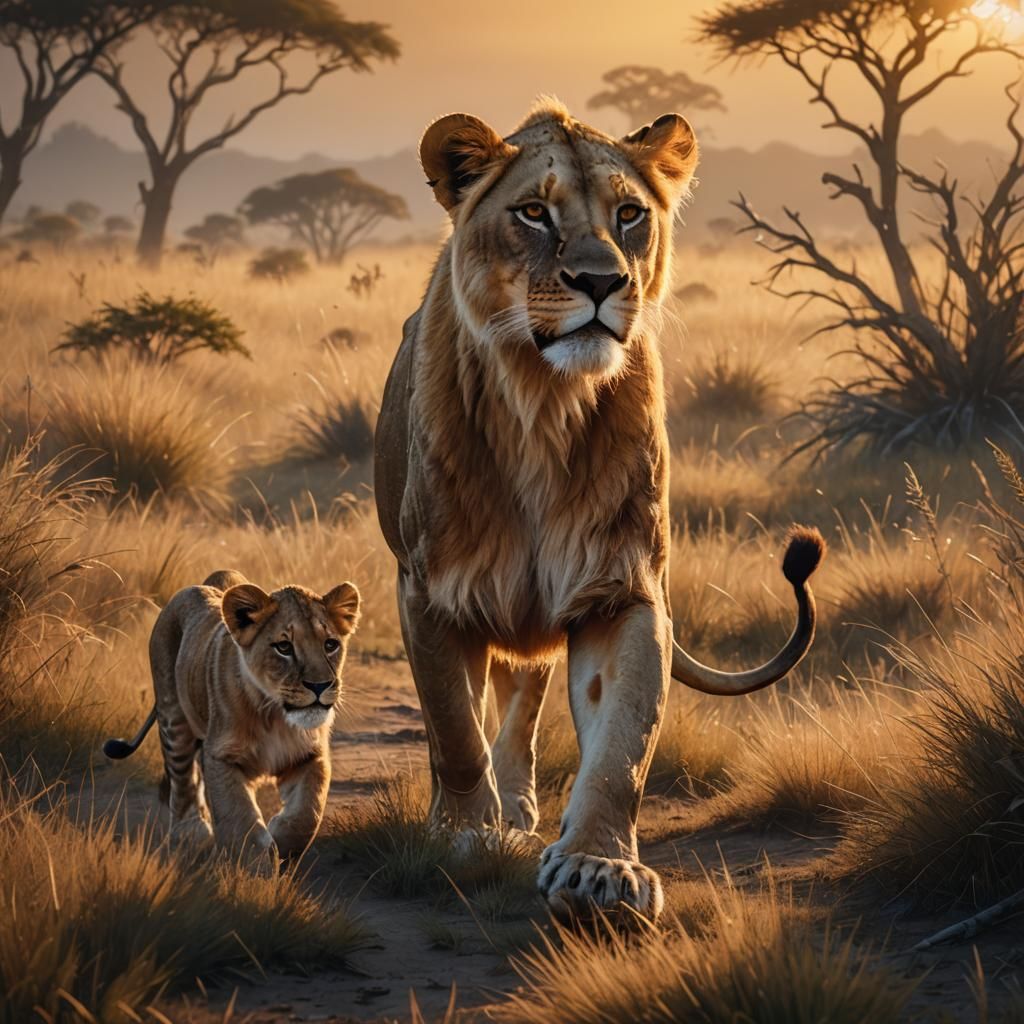 Lioness and Cub in Savannah: Warm Oil Painting