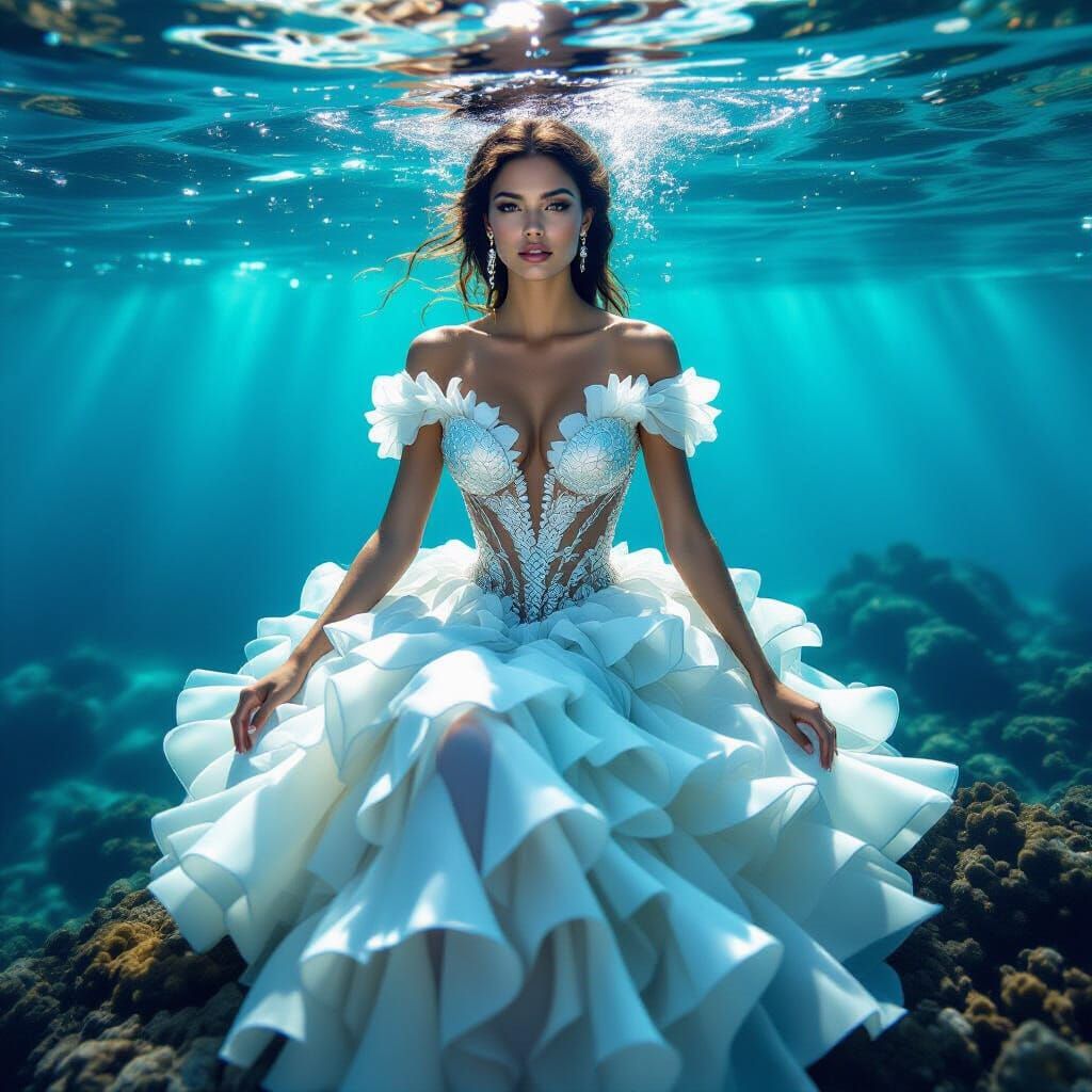 Ethereal Mermaid on Rock with Silver and Blue Scales