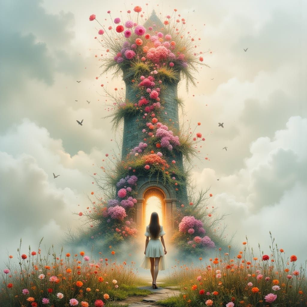 Surreal Rose Tower in Vibrant Ascending Garden