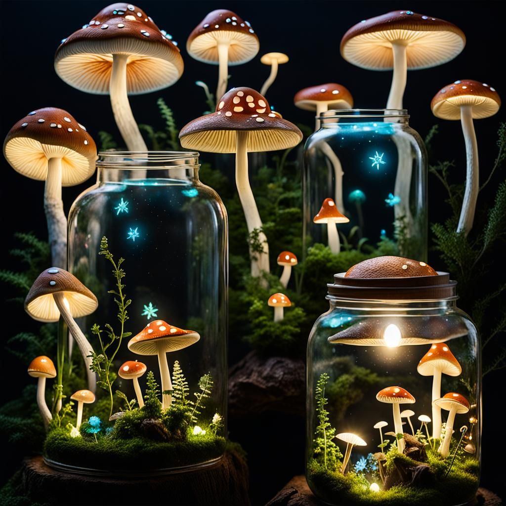 Enchanted Fairy Mushroom Houses in Bioluminescent Jars