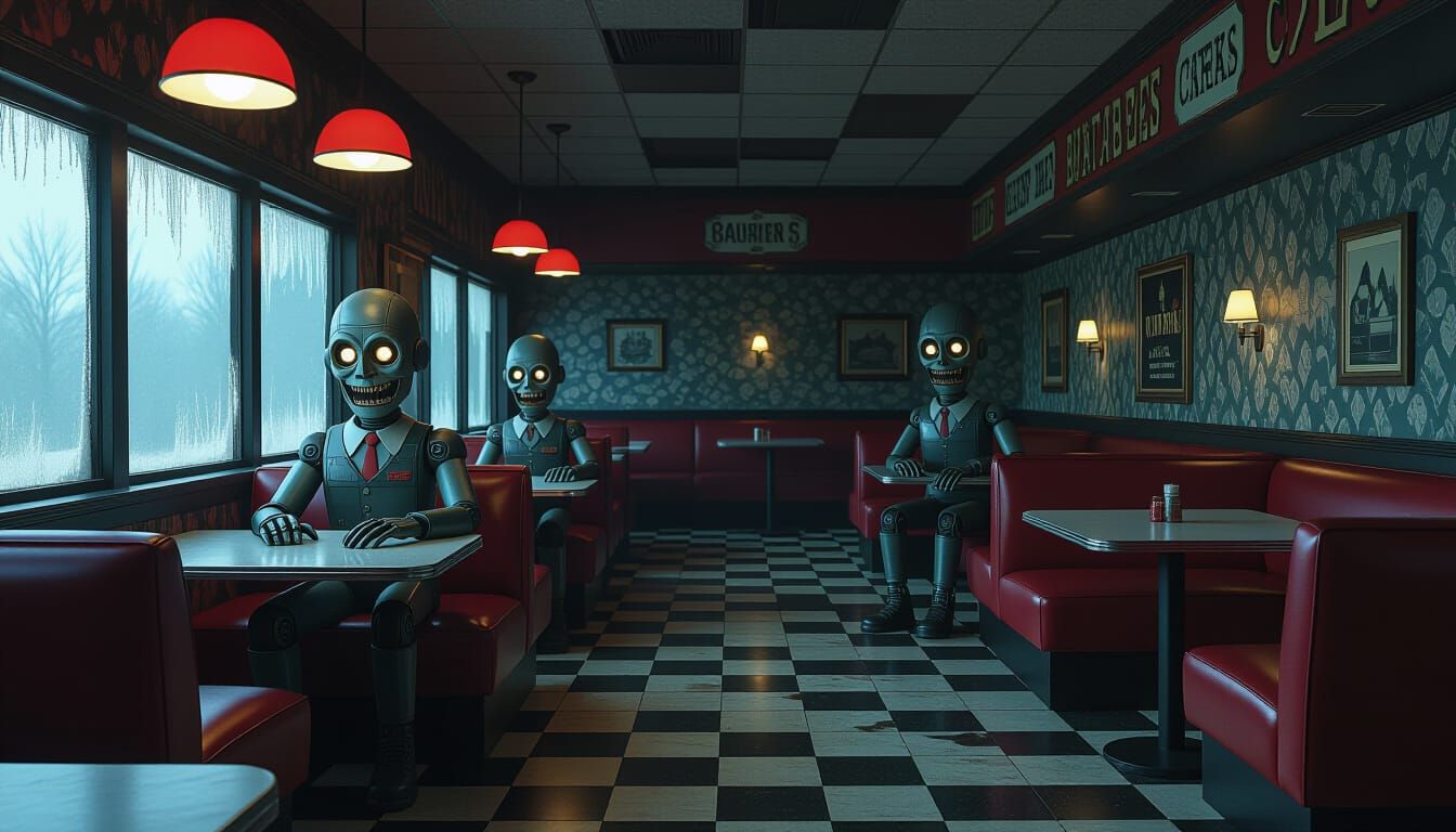 Haunting Animatronics in Abandoned Restaurant: Digital Art