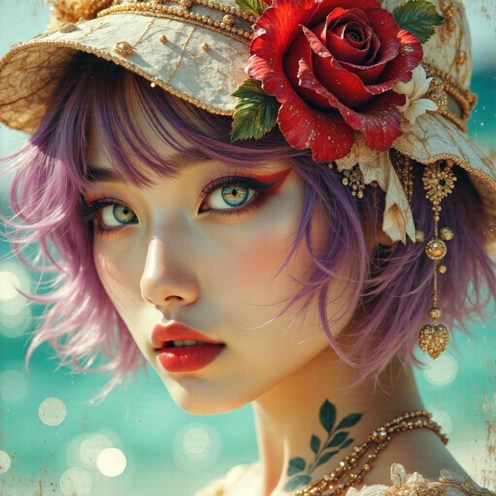 Korean Idol With Purple Hair And Rose Tattoo on Beach